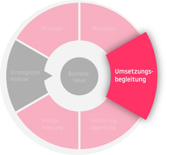 Die Phase der Umsetzungsbegleitung in der Beratung mit dem Business Value im Zentrum: Strategische Analyse - Strategie - Matchplan - Umsetzungsbegleitung - Einführungsbegleitung - Erfolgsmessung