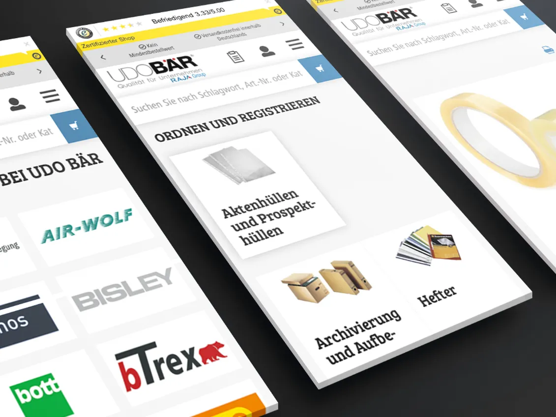Mehrere mobile Ansichten des UDOBÄR-Shops mit Markenübersicht und Kategorien
