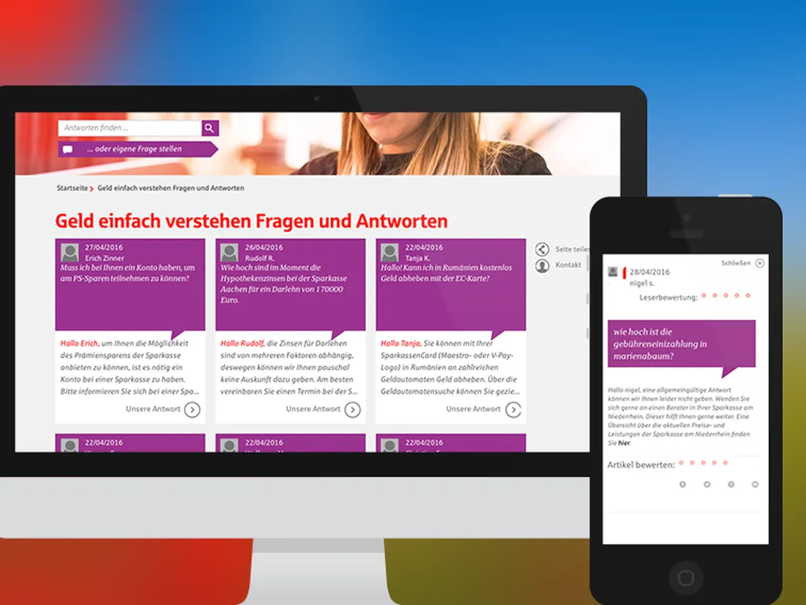 Bildschirm und Smartphone zeigen die Sparkassen-Seite „Geld einfach verstehen“ mit Fragen und Antworten