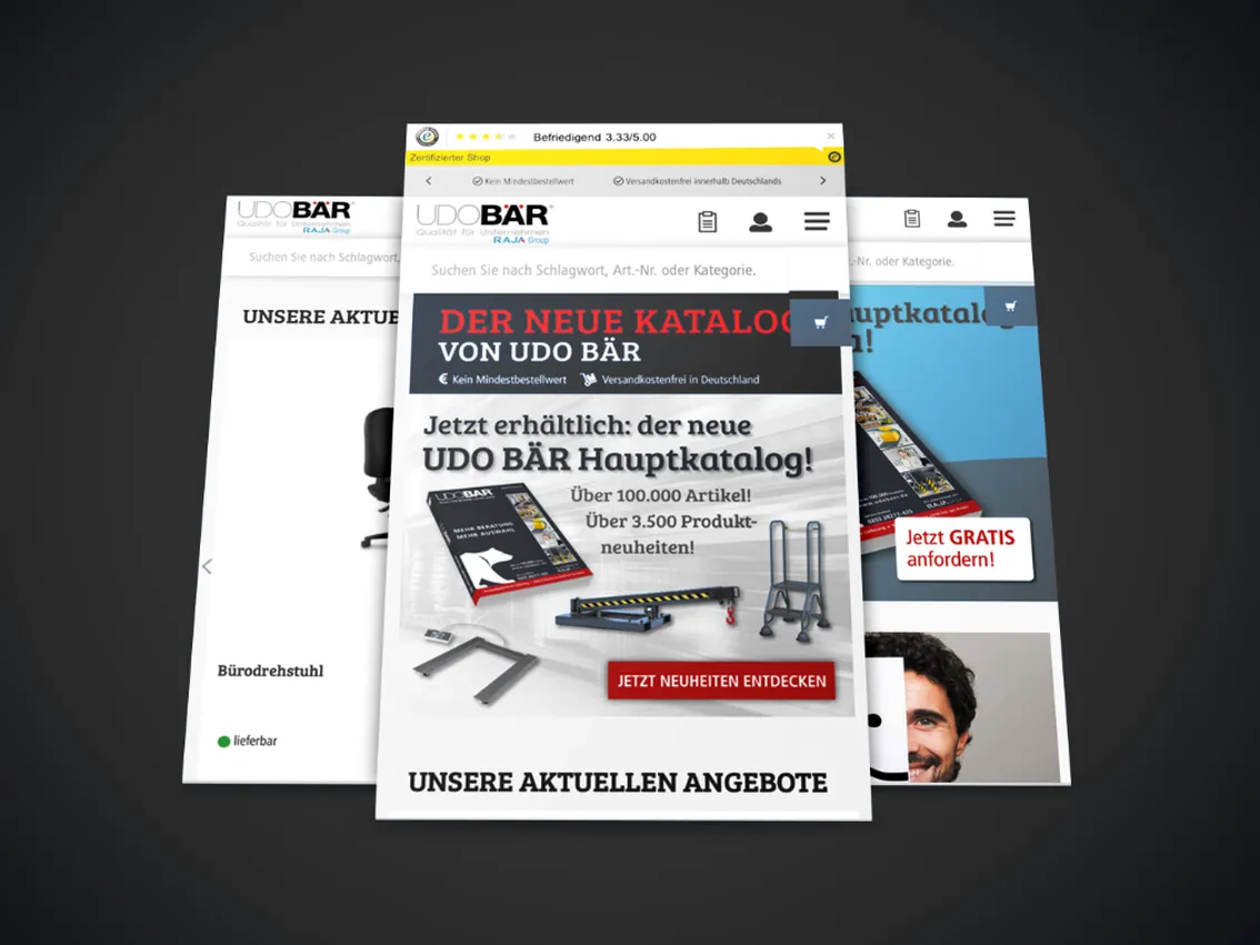Seitenansichten des UDOBÄR-Shops mit dem Hinweis auf den neuen Hauptkatalog