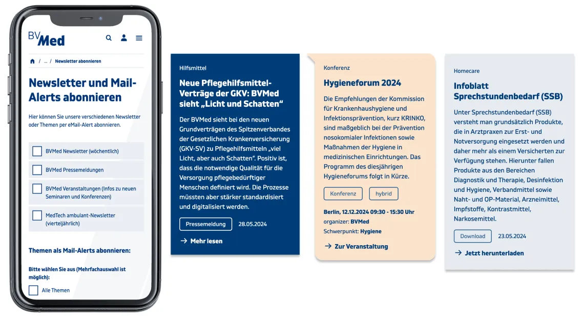 Smartphone und Beitragskarten des BVMed-Newsletters zu Pflegehilfsmitteln, Hygieneforum und Sprechstundenbedarf