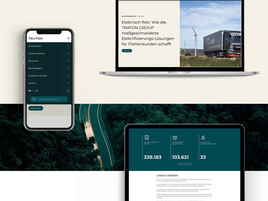 Laptop, Tablet und Smartphone zeigen die TRATON-Website mit einem Beitrag zu Elektrifizierungslösungen für Flottenkunden