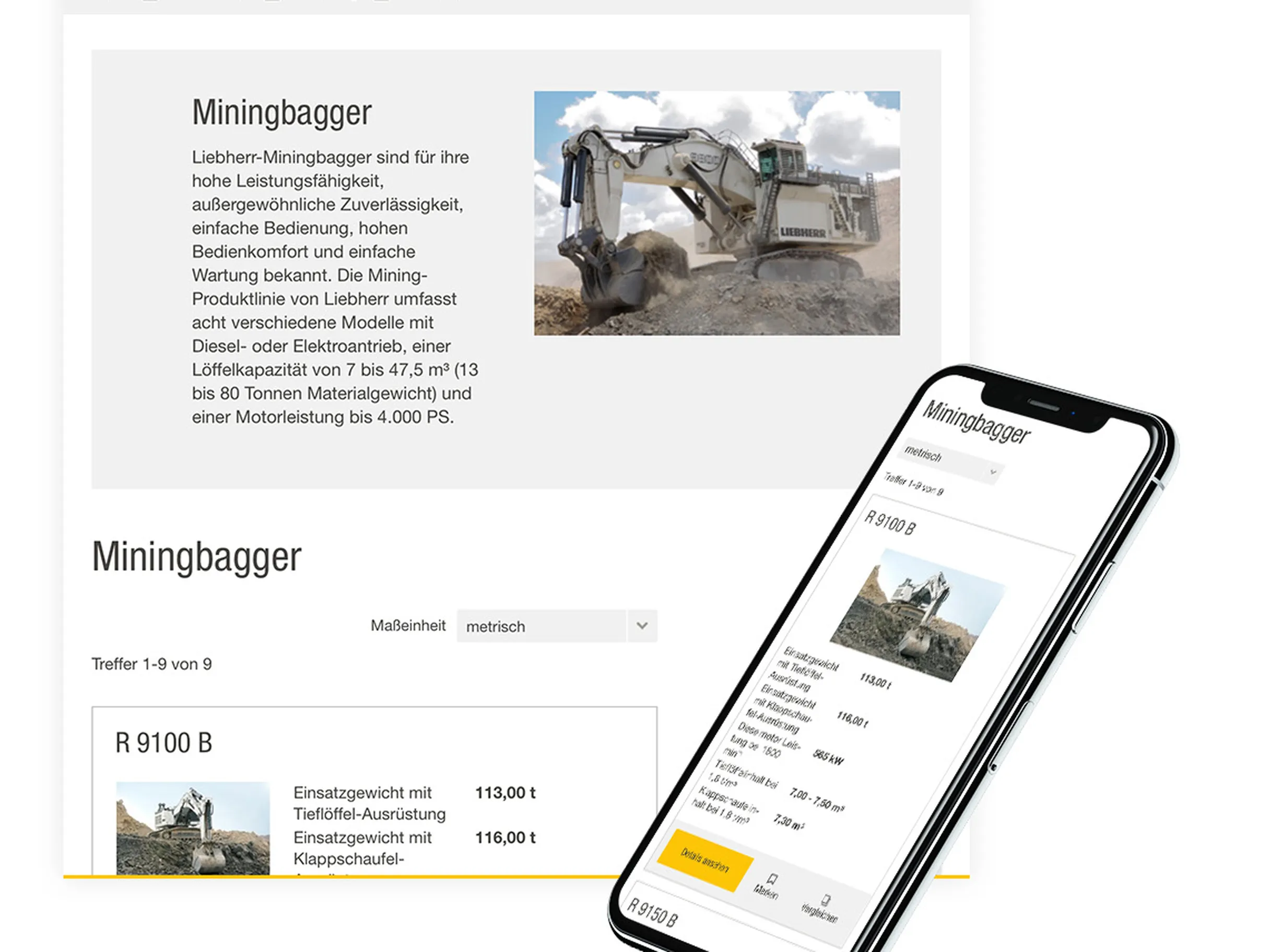 Bildschirm und Smartphone zeigen die Liebherr-Produktseite zu Miningbaggern