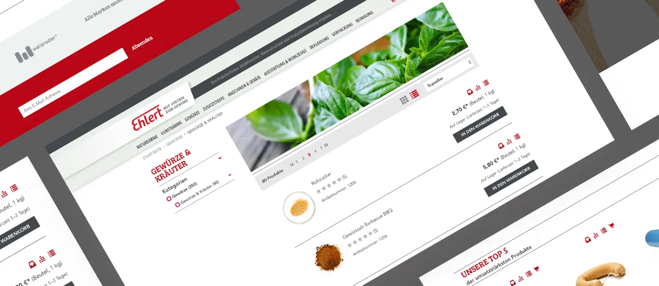 Breite Ansicht mehrerer Ehlert-Shopseiten mit Produkten und Kategorien