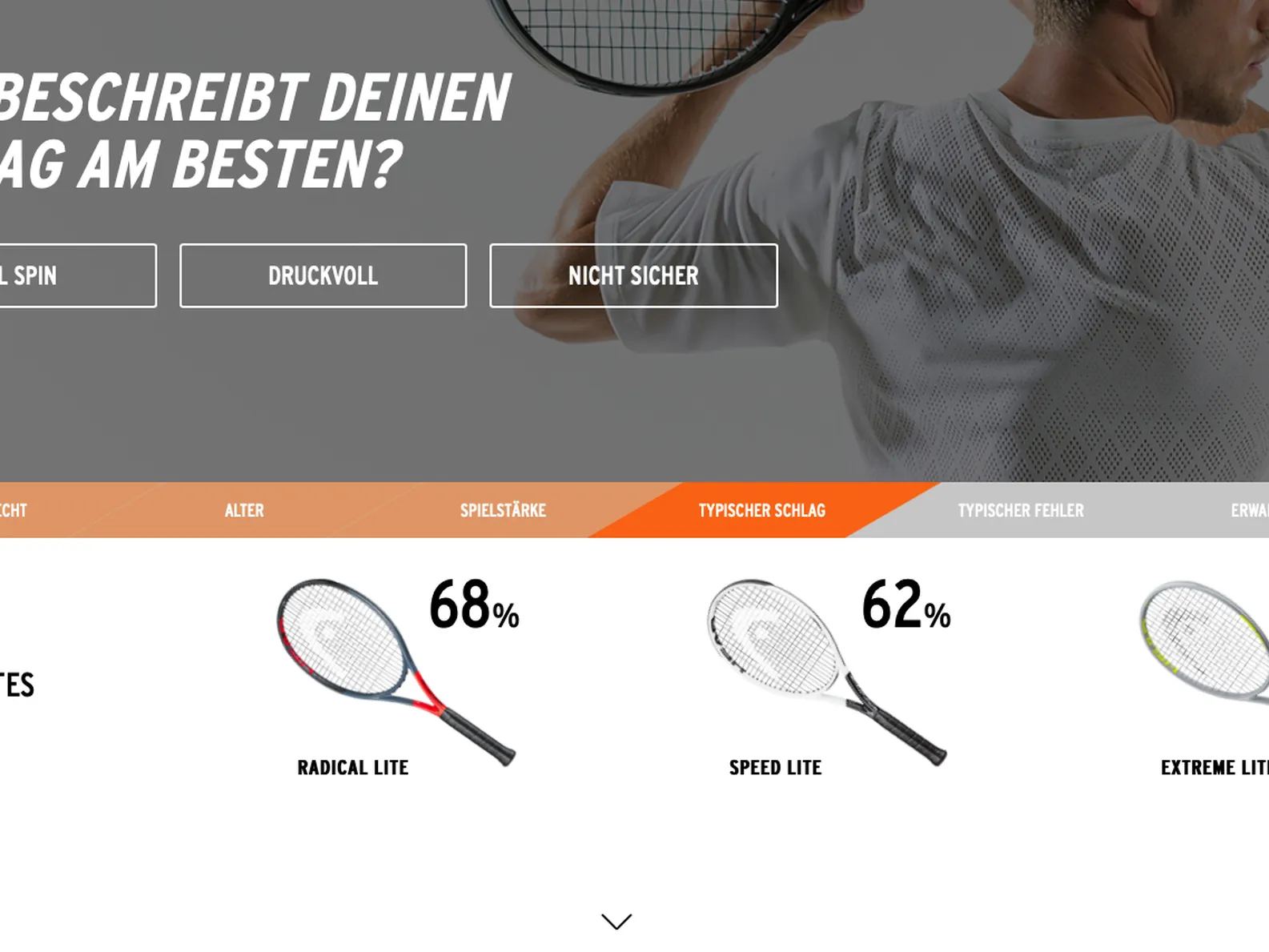 Screenshot eines Schlägerfinders mit der Frage „Was beschreibt deinen Schlag am besten?“ und Antwortmöglichkeiten