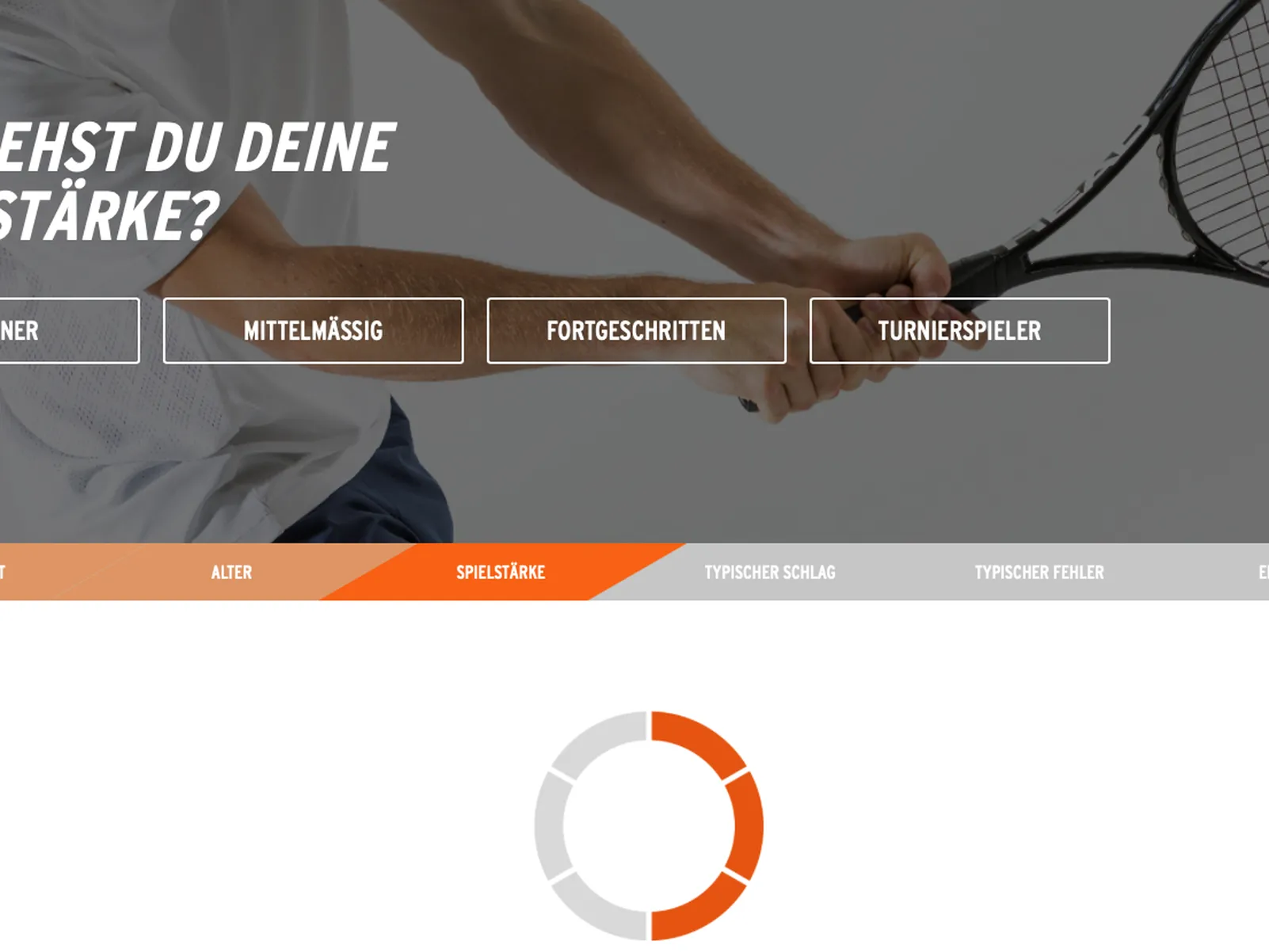 Screenshot eines Schlägerfinders mit der Frage „Wie siehst du deine Spielstärke?“ und den Optionen Beginner bis Turnierspieler