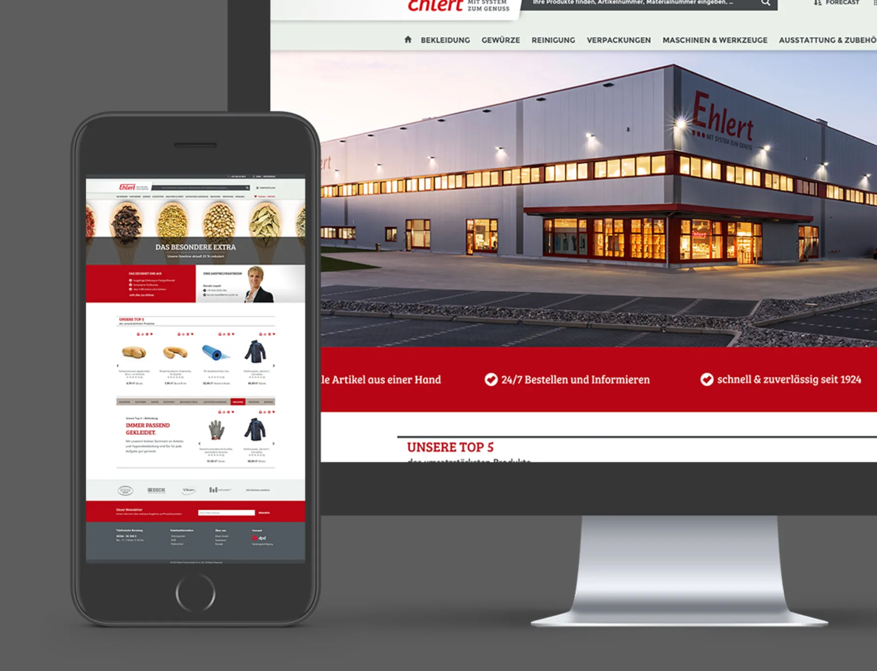Bildschirm und Smartphone zeigen den Ehlert-Onlineshop mit Firmengebäude und Produktkacheln