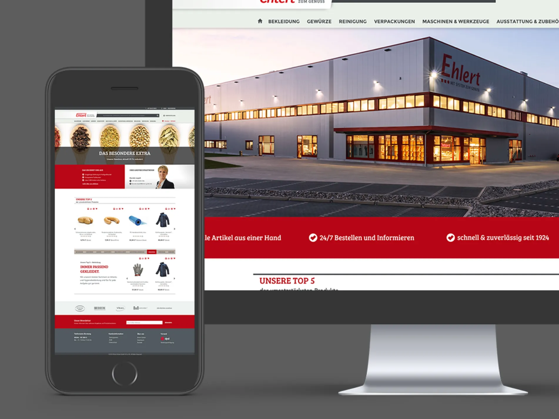 Bildschirm und Smartphone zeigen den Ehlert-Onlineshop mit Firmengebäude und Produktkacheln