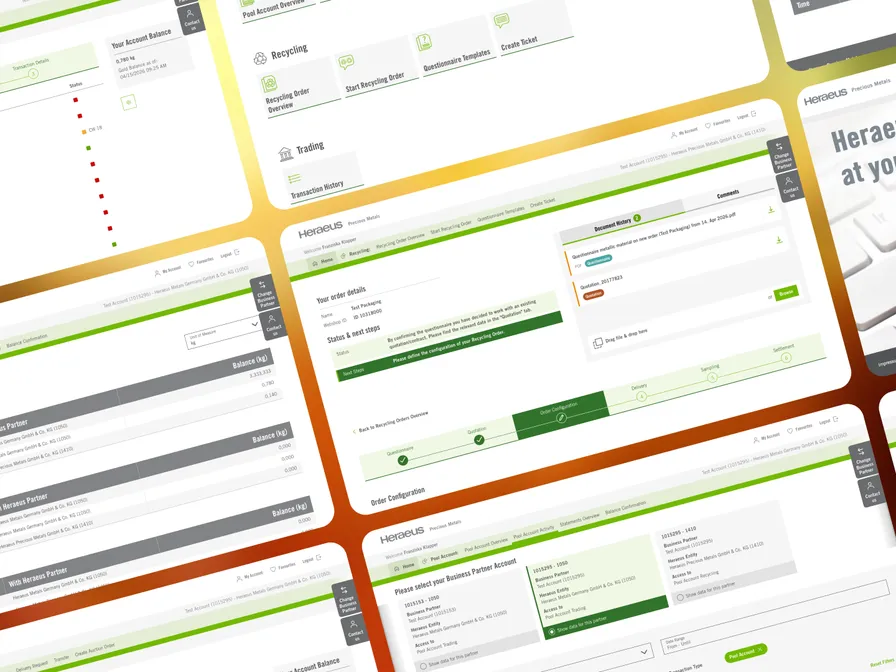 Mehrere Screenshots des Heraeus-Kundenportals mit dem Claim „Heraeus at your fingertips“