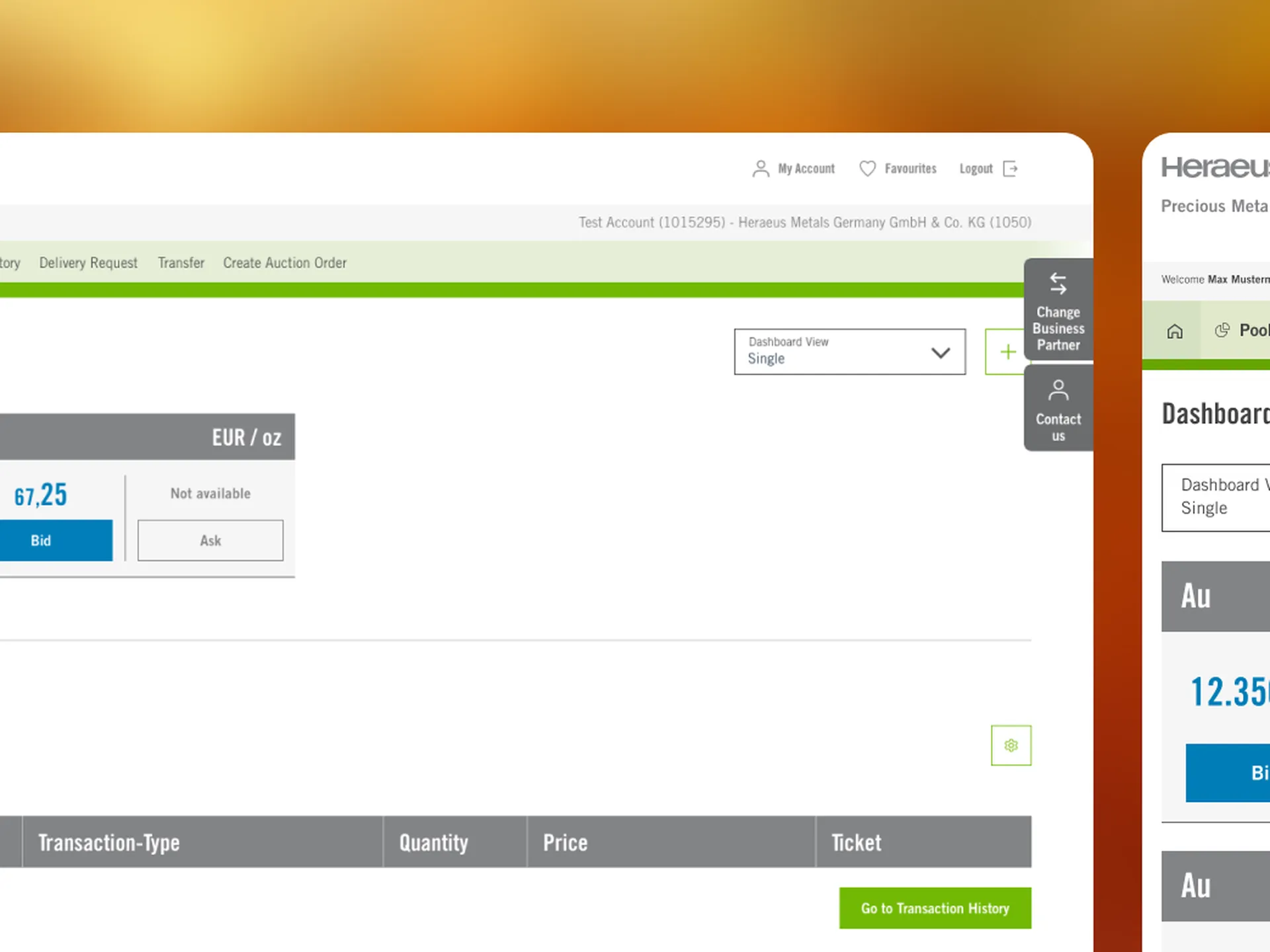 Screenshot eines Heraeus-Dashboards mit Kursanzeigen und Transaktionsübersicht