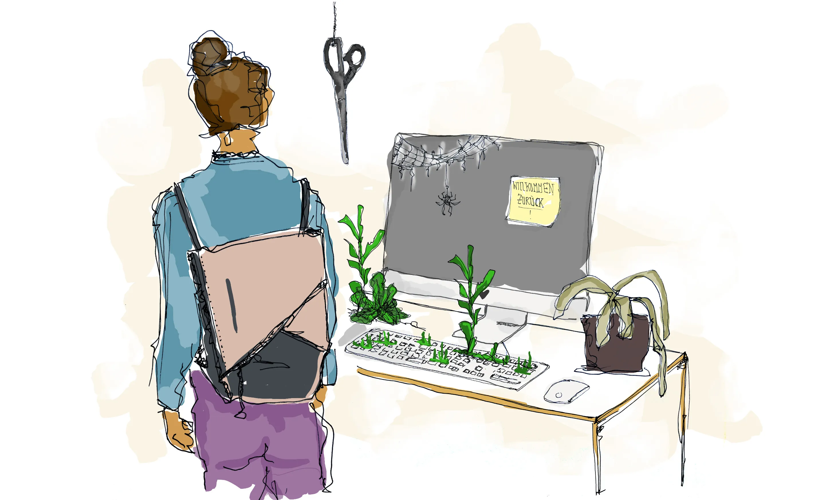 Illustration: Kollegin kommt zurück ins Büro