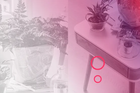 Beistelltisch mit Pflanzen, überlagert von rosa Farbverlauf und grafischen Elementen