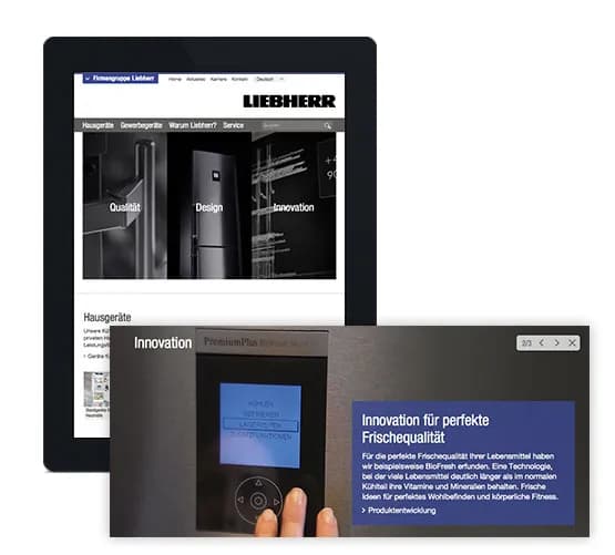 Tablet zeigt die Liebherr-Website für Hausgeräte, davor ein Bedienfeld mit dem Hinweis „Innovation für perfekte Frischequalität“