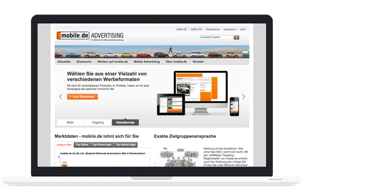 Ausschnitt des Advertising-Showrooms von mobile.de auf Desktop