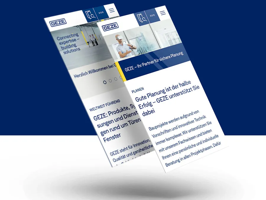 Mehrere mobile Ansichten der GEZE-Website zu Produkten und Planung