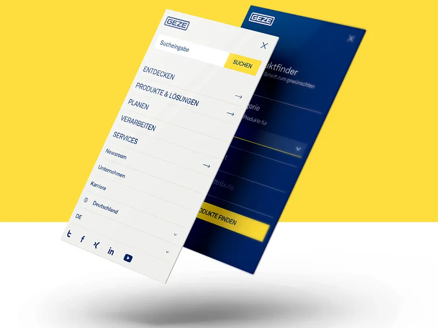 Mobile Ansichten der GEZE-Website mit geöffnetem Menü und Produktfinder