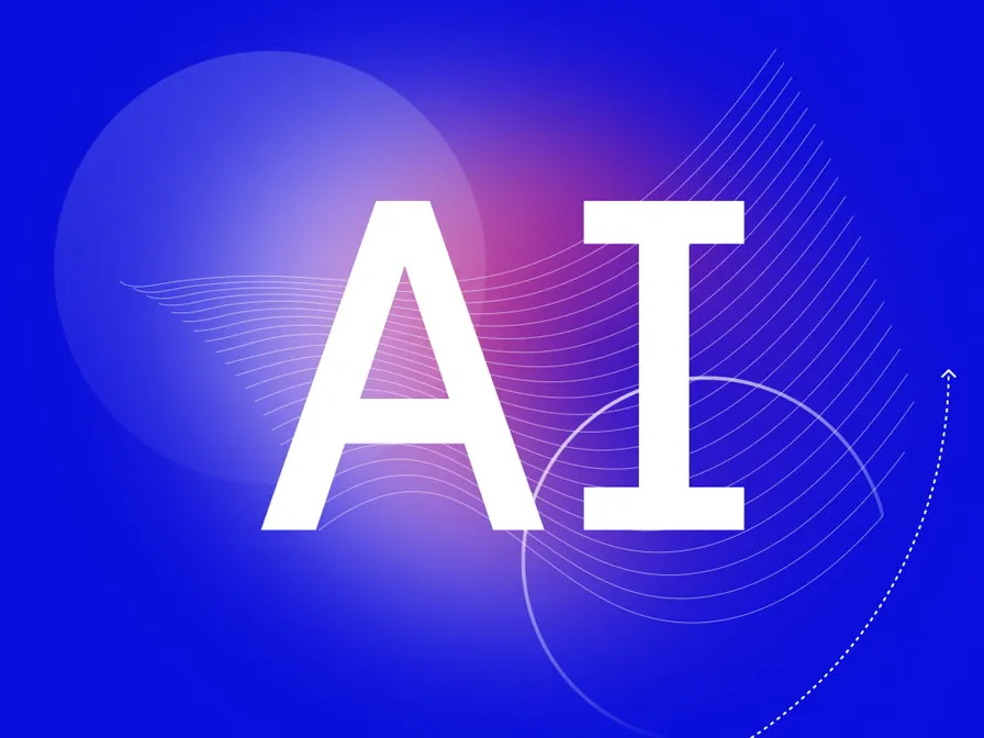 White "AI" letters on a vibrant blue background with abstract shapes and lines.