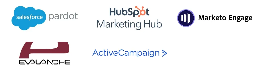 Logos von fünf Marketing-Automation-Tools in zweizeiliger mobiler Darstellung: Salesforce Pardot, HubSpot Marketing Hub, Marketo Engage, Evalanche, ActiveCampaign.