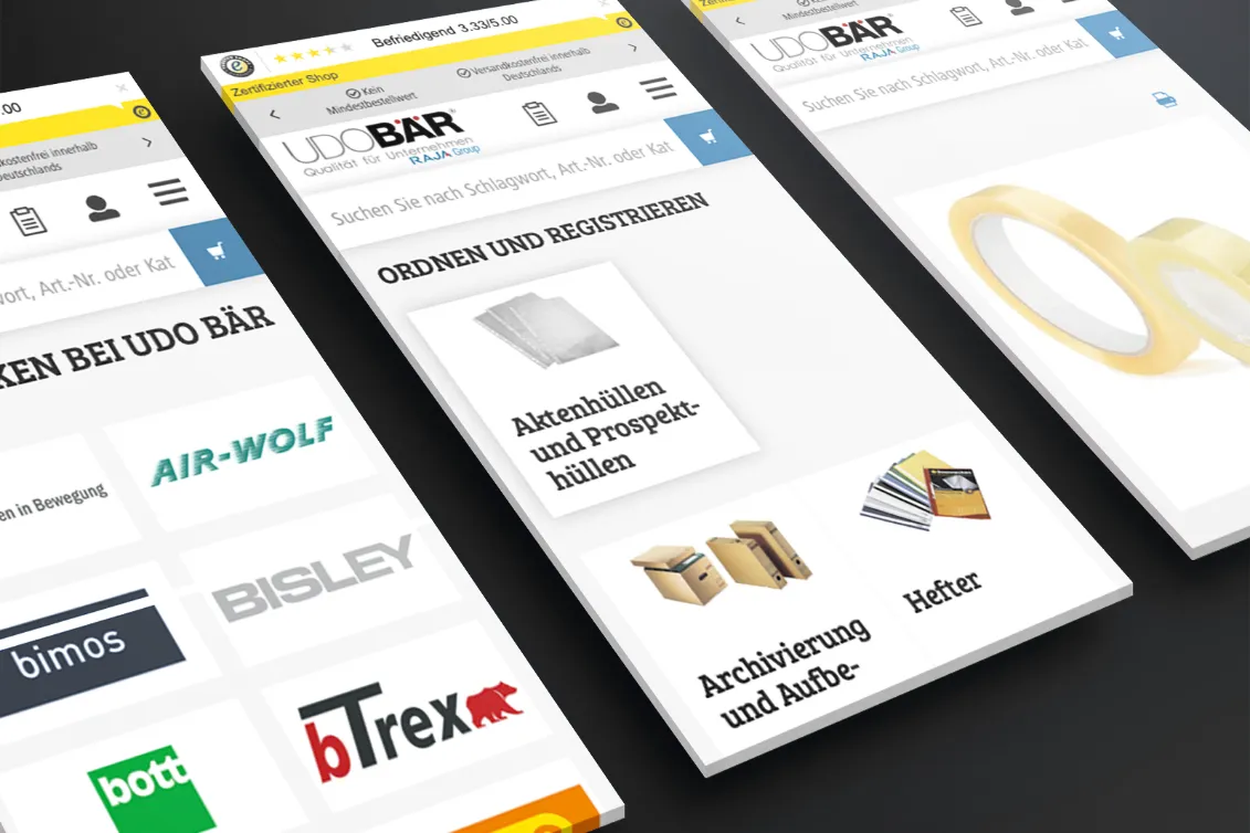 Mehrere mobile Ansichten des UDOBÄR-Shops mit Markenübersicht und Kategorien