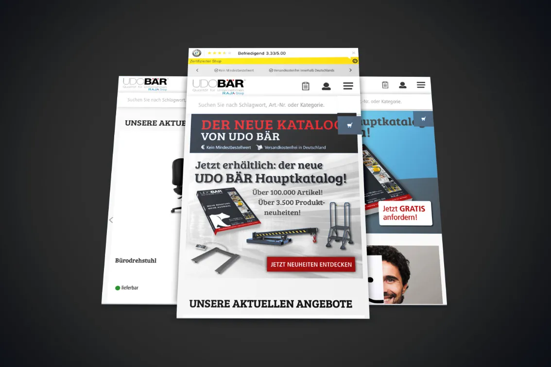 Seitenansichten des UDOBÄR-Shops mit dem Hinweis auf den neuen Hauptkatalog