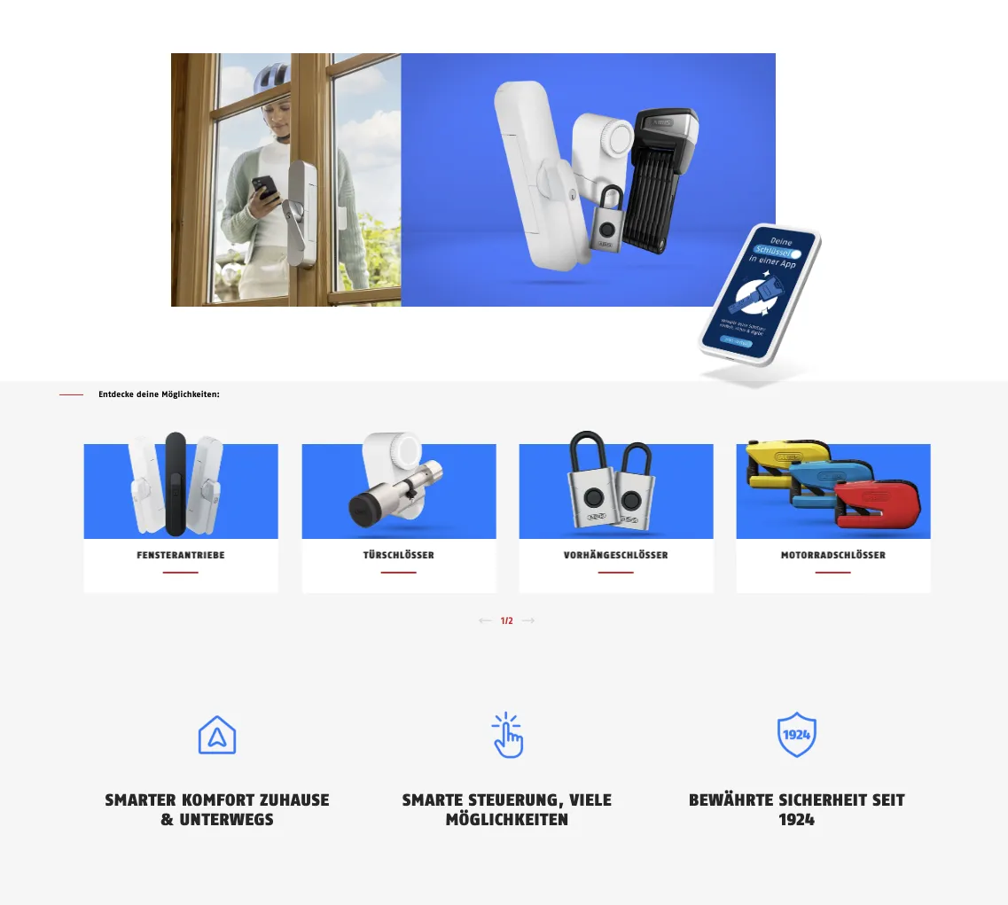 Screenshot einer ABUS-Landingpage mit smarten Sicherheitsprodukten und den Vorteilen Komfort, Steuerung und bewährte Sicherheit seit 1924