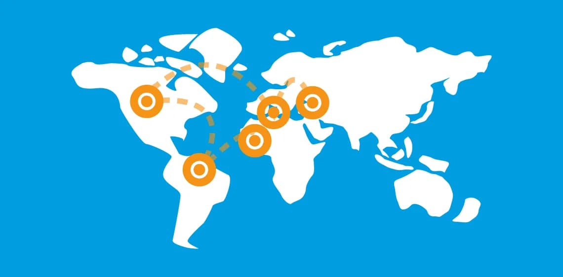 Grafische Darstellung eines international ausgerichteten B2B Unternehmens auf einer Weltkarte