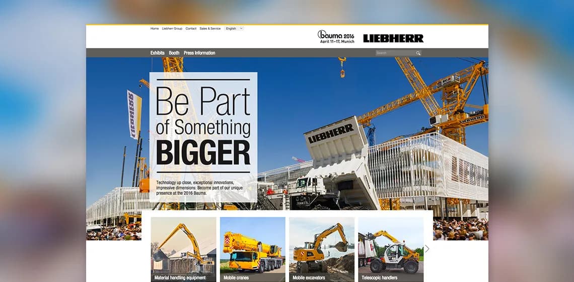 Screenshot der neuen Bauma-Website von Liebherr