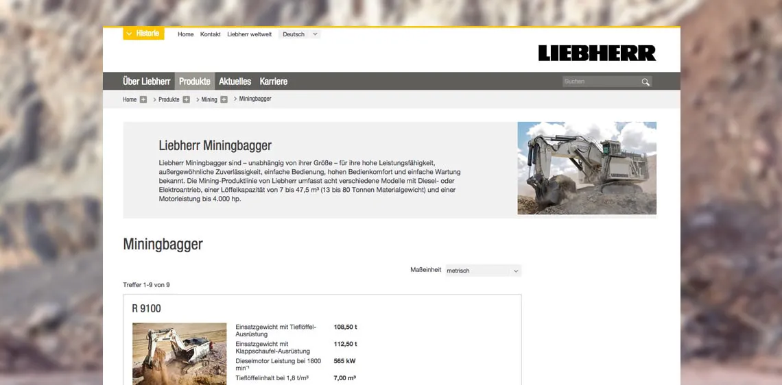 Screenshot der neuen Website für die Sparte Liebherr Mining mit neuen Modulen und Produktanbindungen
