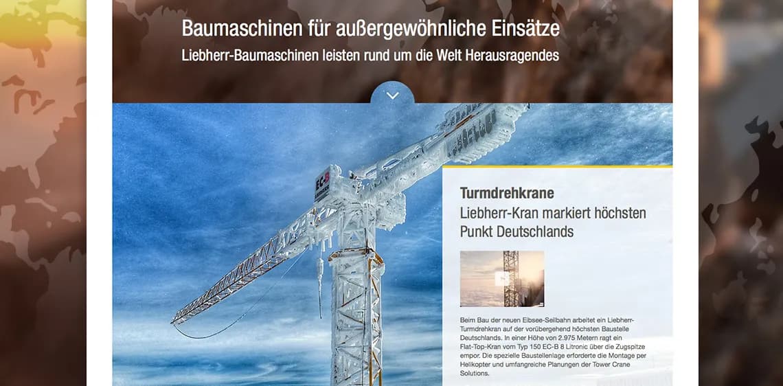 Screenshot des Storytelling auf der neuen Liebherr-Website