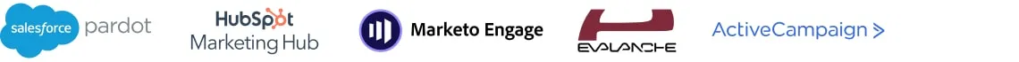 Logos von fünf Marketing-Automation-Tools nebeneinander dargestellt: Salesforce Pardot, HubSpot Marketing Hub, Marketo Engage, Evalanche, ActiveCampaign.