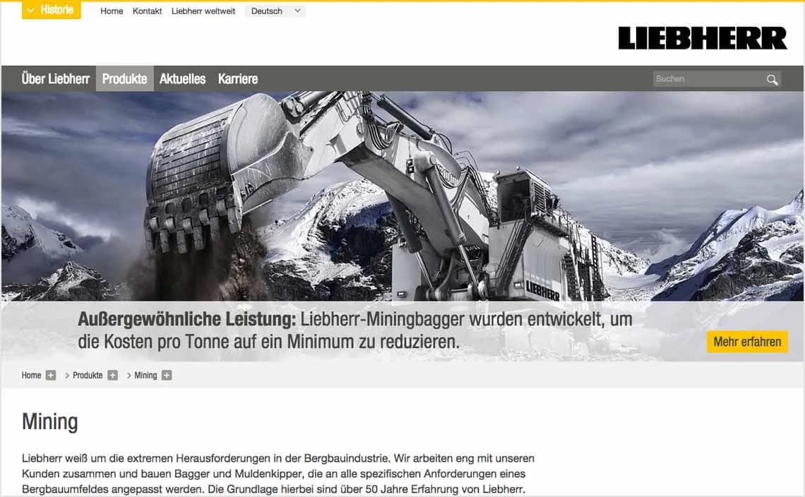 Screenshot der neuen Website für die Sparte Mining