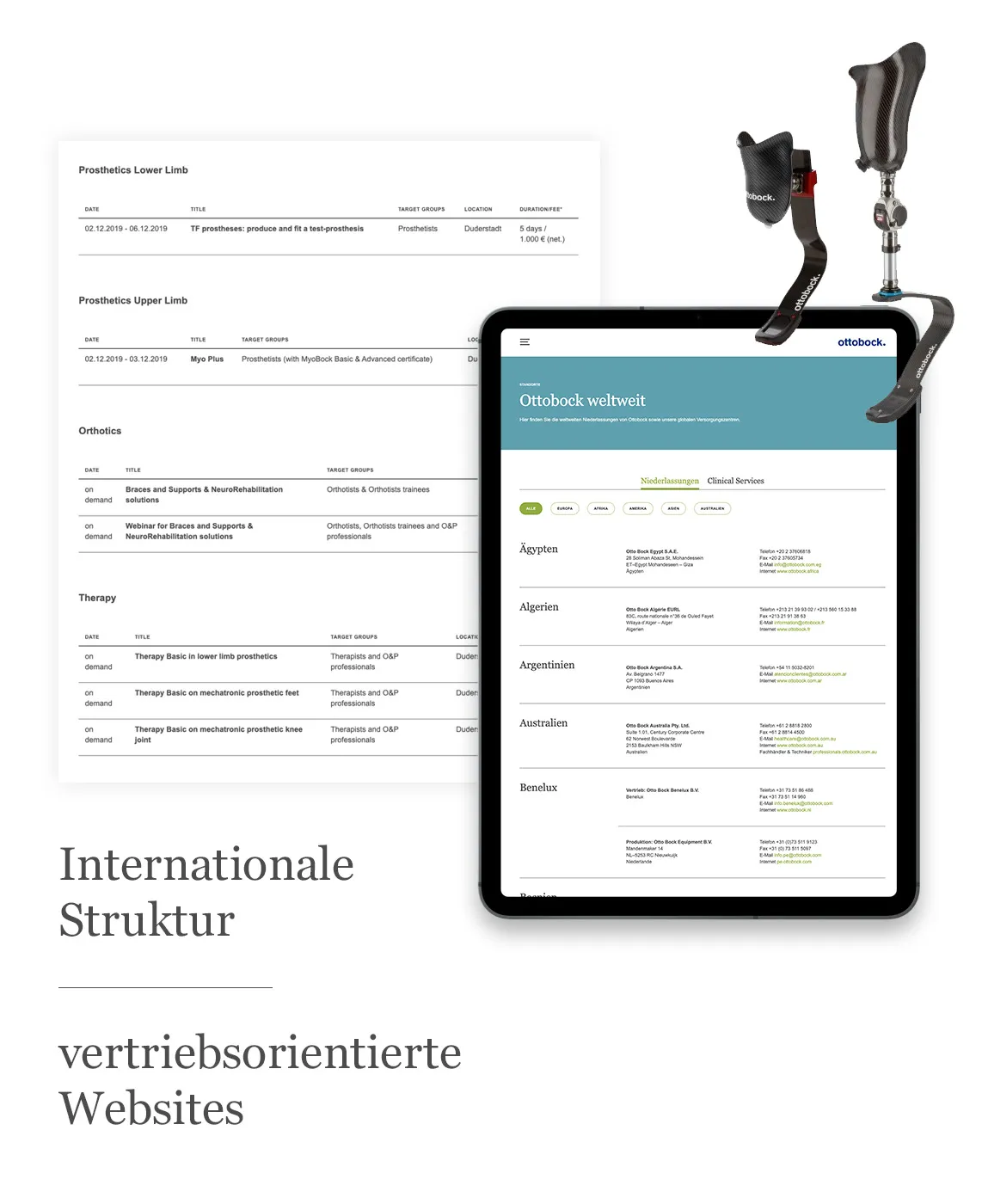 Tabellen zu Prothesen- und Therapieprodukten sowie ein Tablet mit der Seite „Ottobock weltweit“, daneben eine Beinprothese