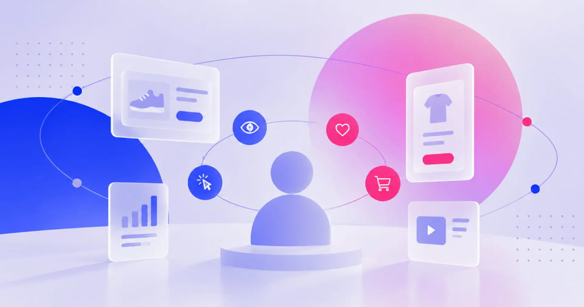 Abstract illustration of a person surrounded by icons of shopping, social, and analytics, symbolizing digital connectivity and data interaction.