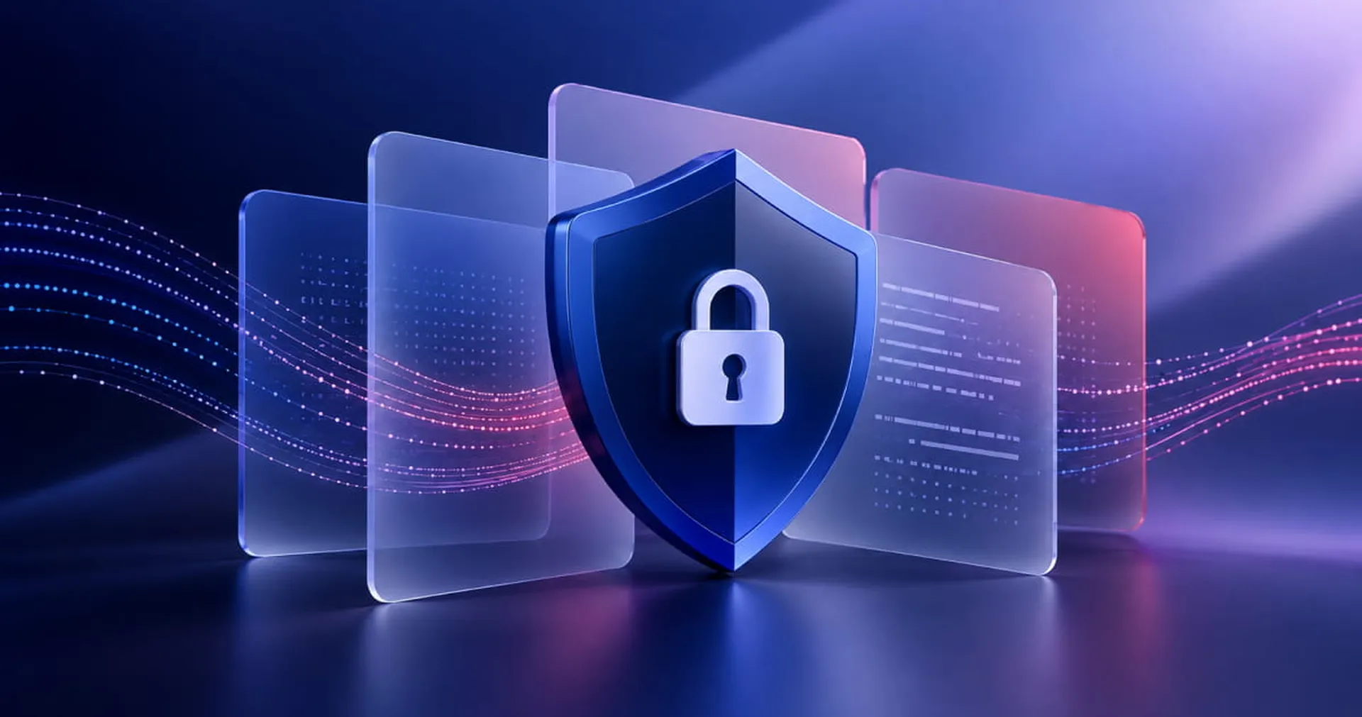 Shield with a padlock symbol surrounded by translucent panels and digital wave patterns, symbolizing digital security.