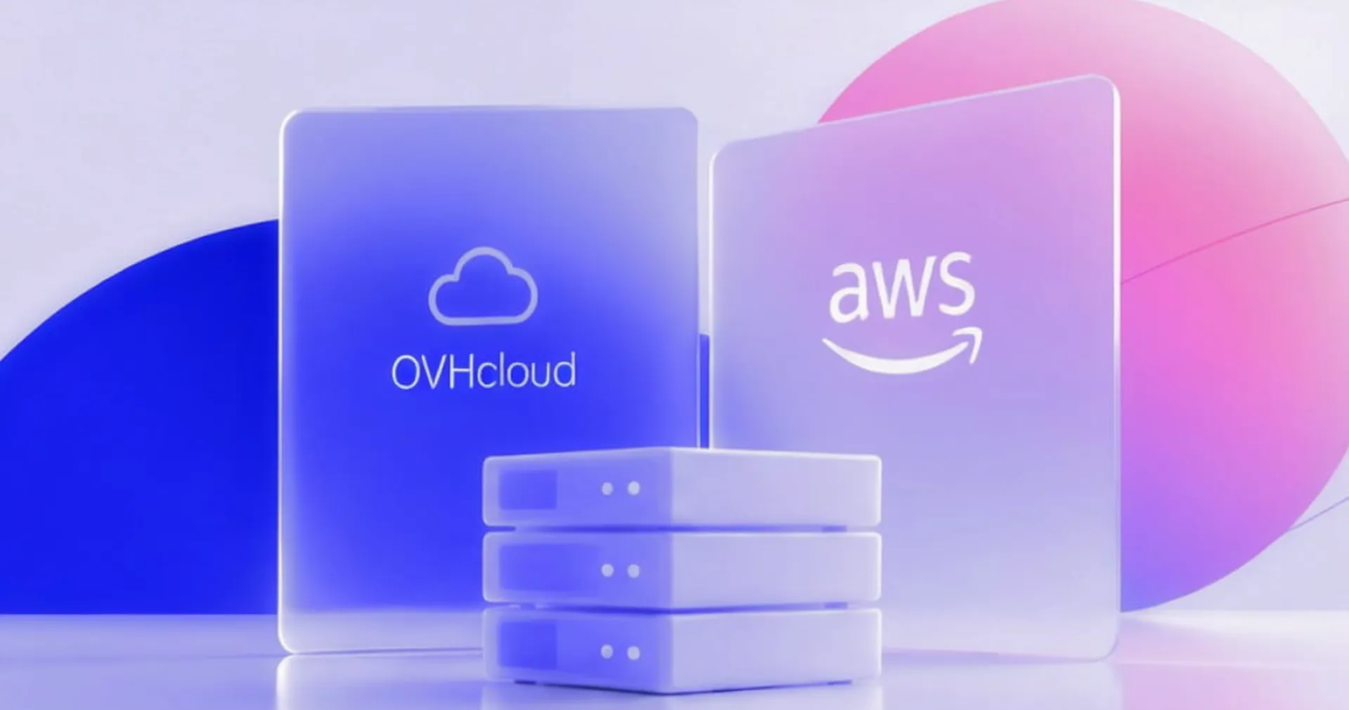 OVHcloud and AWS logos on futuristic panels with a stack of servers below, in a blue and pink digital-themed background.