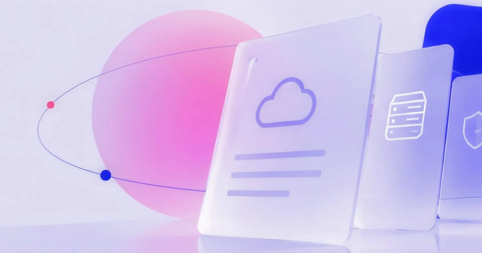 Abstract digital illustration featuring a cloud icon and server symbol on translucent panels with a pink and blue orbital design.