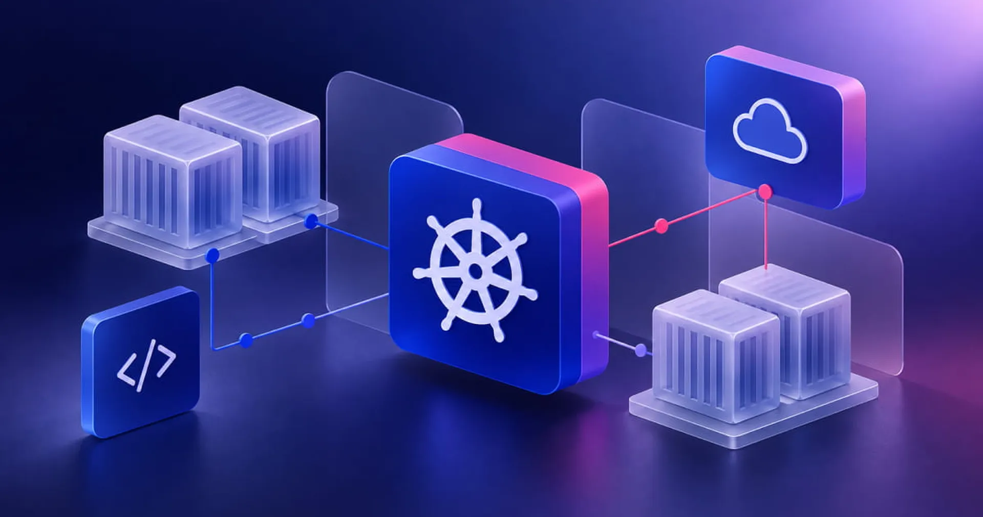 3D illustration of cloud computing and software development symbols interconnected, featuring a Kubernetes wheel icon at the center.
