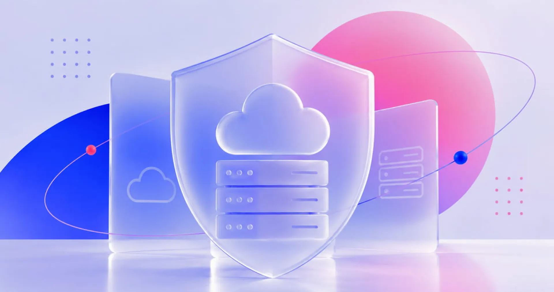 Illustration of a digital shield with a cloud and server icon, symbolizing cloud security, against a colorful abstract background.