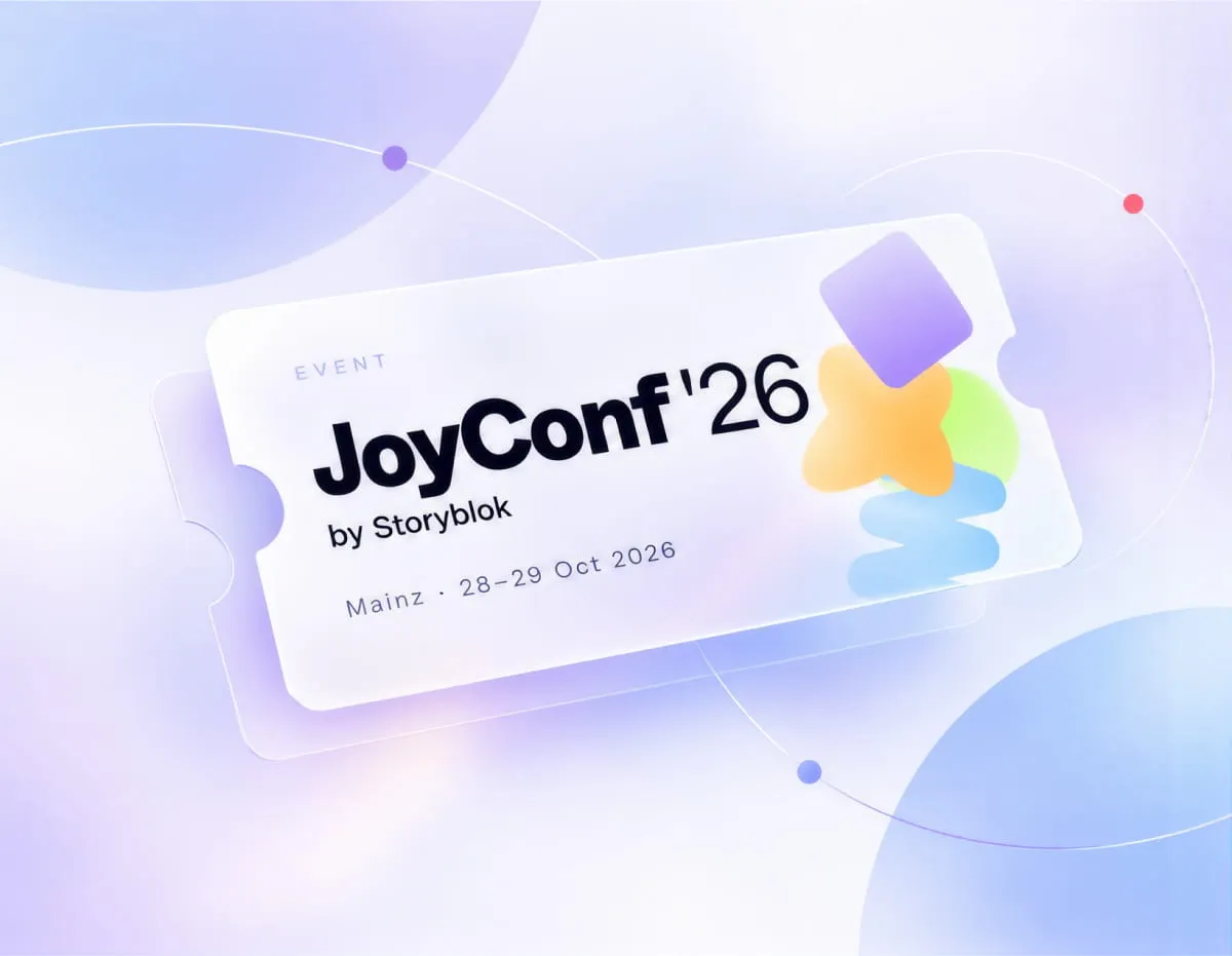 Colorful event ticket graphic for “JoyConf ’26 by Storyblok” in Mainz, 28–29 Oct 2026, on a soft pastel abstract background.