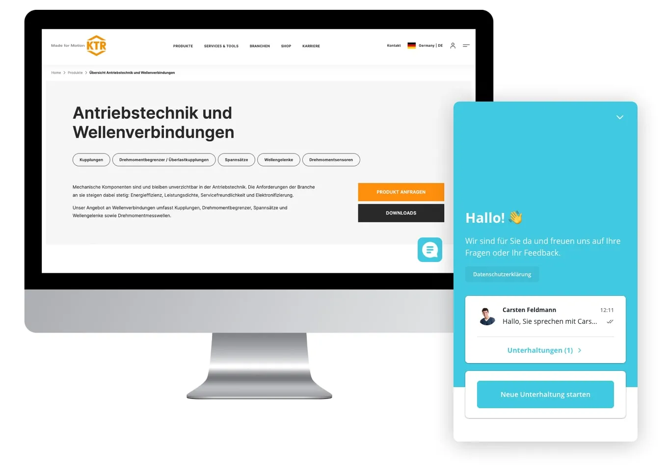Bildschirm zeigt die KTR-Seite „Antriebstechnik und Wellenverbindungen“, daneben ein geöffnetes Chatfenster