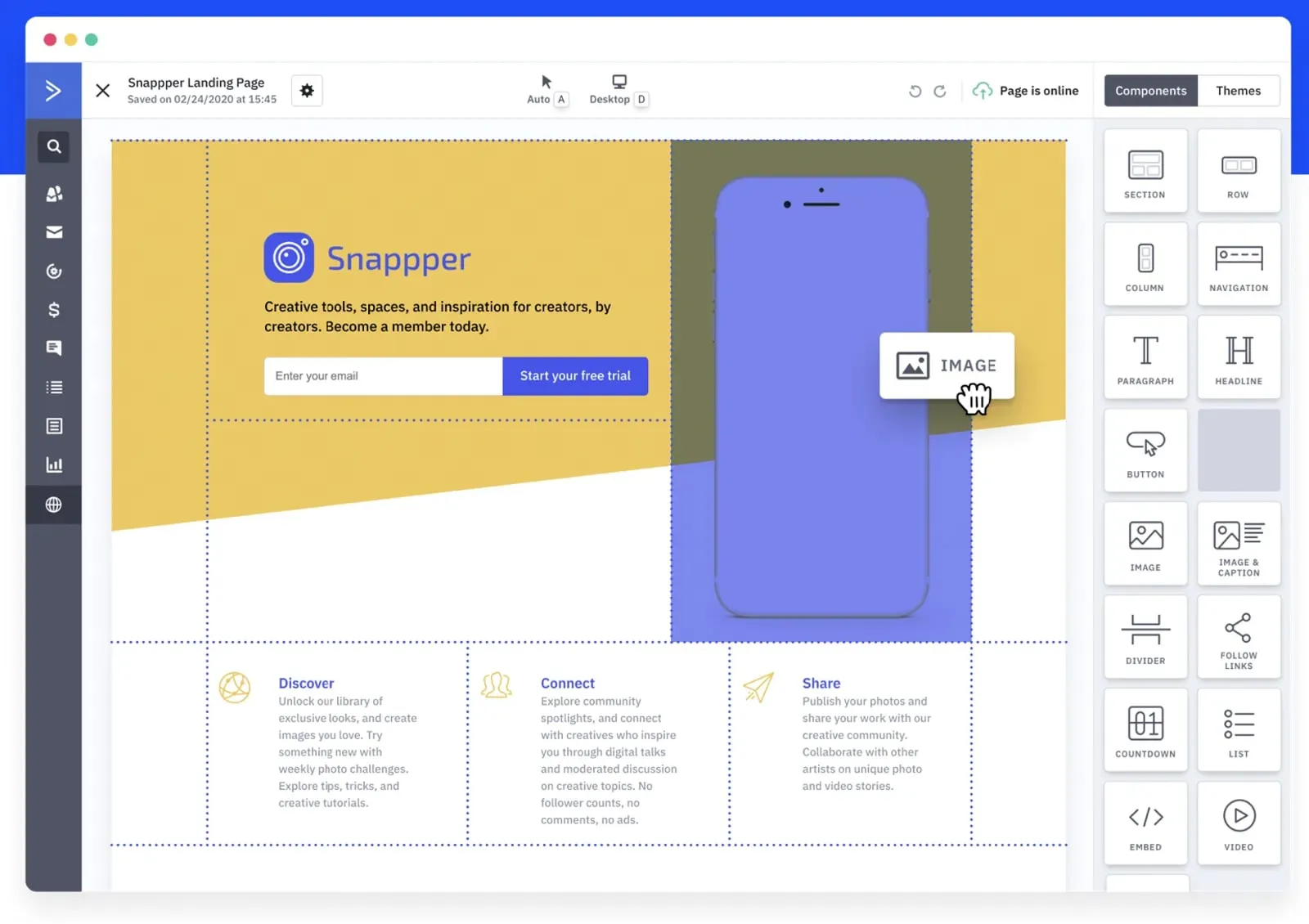 Benutzeroberfläche zur Erstellung einer Landingpage in ActiveCampaign mit Drag-and-Drop-Editor und Inhaltselementen wie Text, Bild und Buttons.