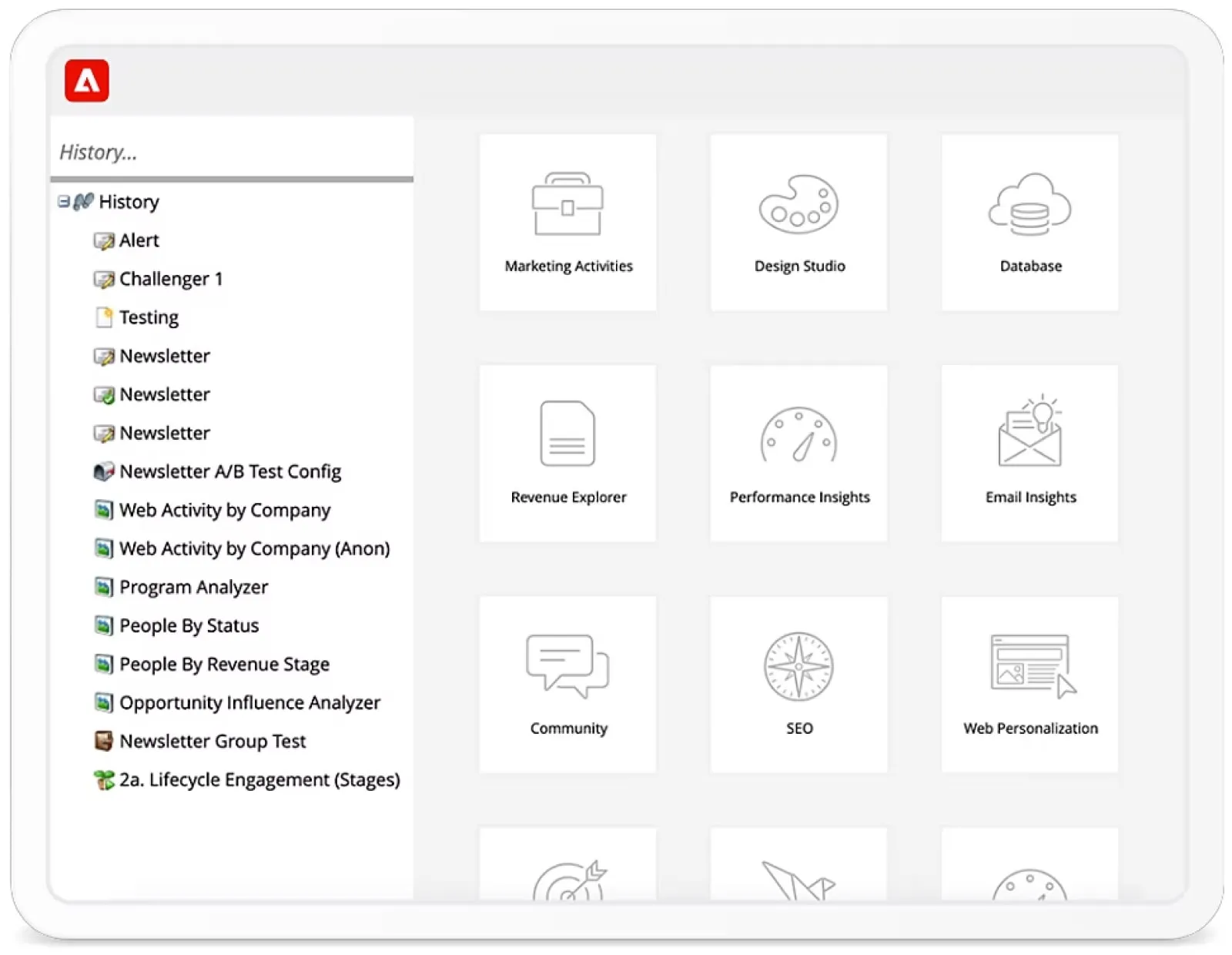 Adobe Marketo Engage Benutzeroberfläche mit Listenstruktur links und Funktionsmodulen wie Revenue Explorer und Email Insights rechts.