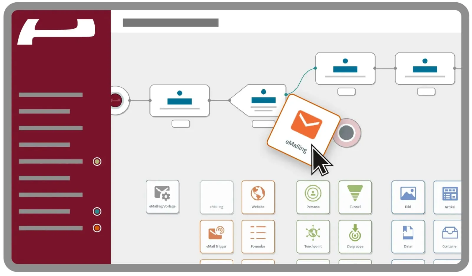 Evalanche-Oberfläche mit E-Mail-Marketing-Modul; Benutzer zieht das Element „eMailing“ in einen Kampagnenfluss.