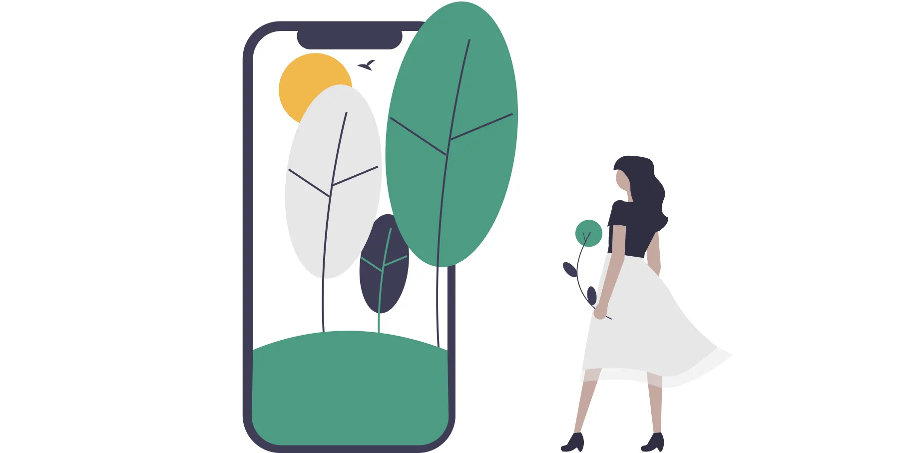 Illustration einer Frau, die vor einem Mobiltelefon steht