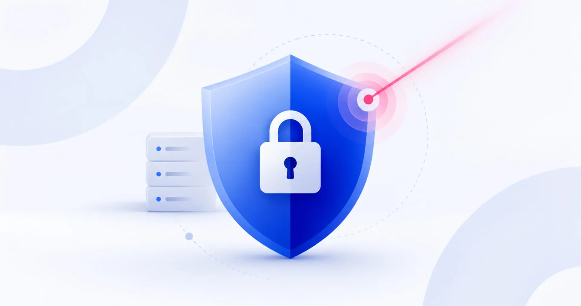 A blue shield with a white lock icon, targeted by a red laser beam, symbolizing digital security.