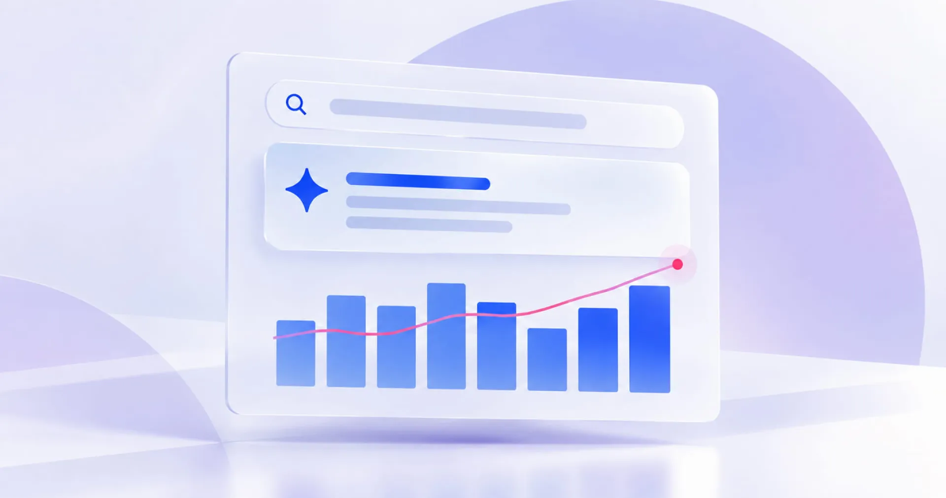 Illustration of a digital chart with blue bars and a red line, set against a gradient background with a search icon and text placeholder.