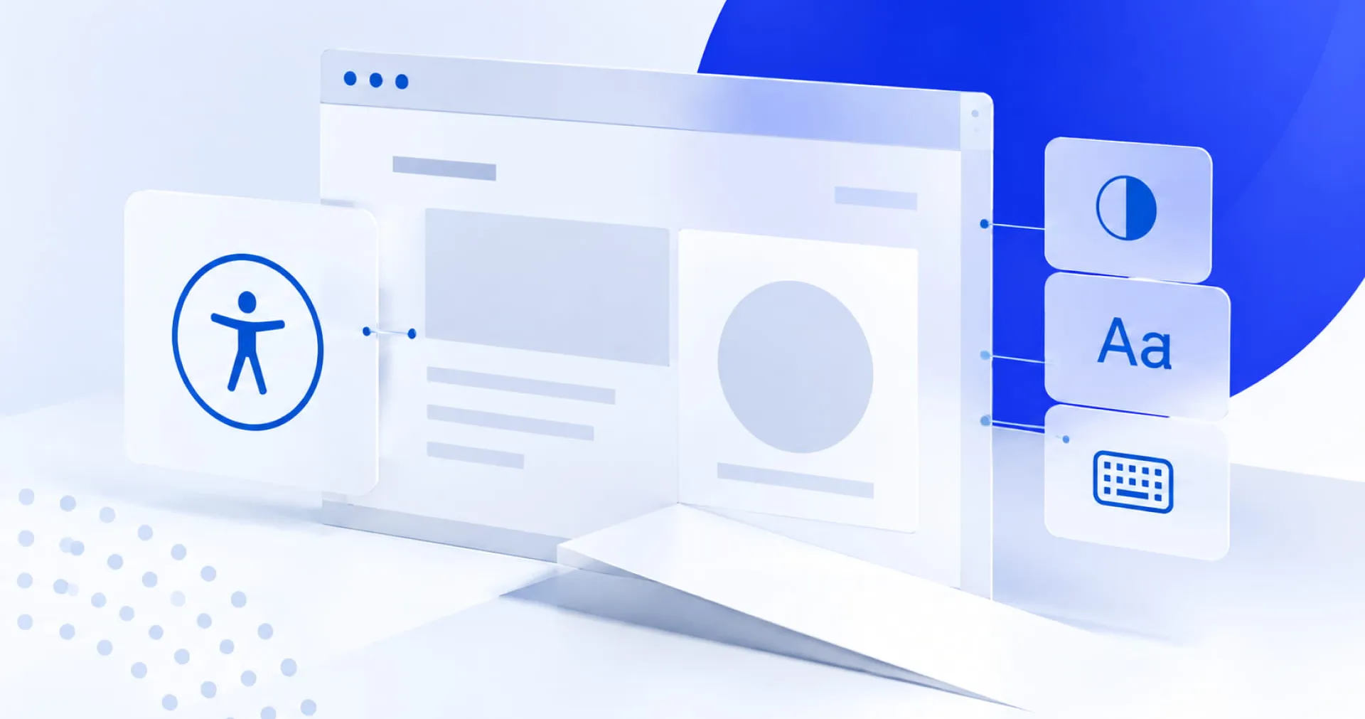 Digital representation of a web interface with icons for accessibility, contrast, font size, and keyboard, on a blue and white background.