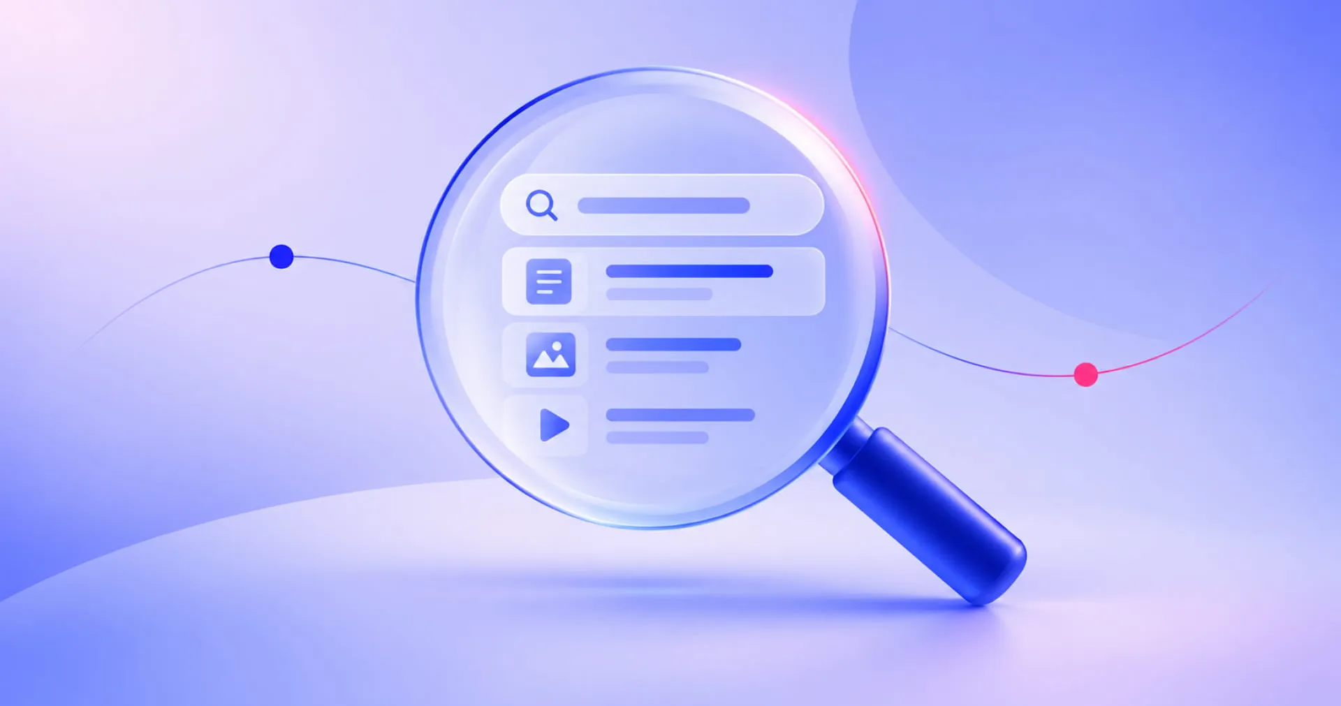 A magnifying glass over search icons and text icons on a blue and purple gradient background.