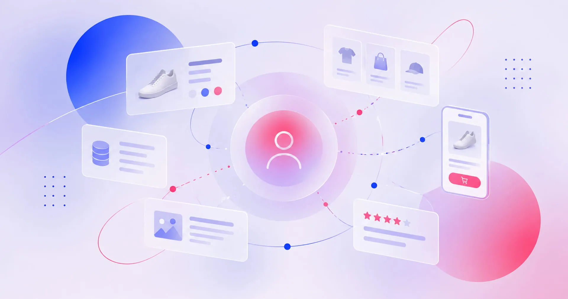 Abstract design showing interconnected shopping and user data elements, including shoes, clothing, ratings, and a profile icon on a gradient background.