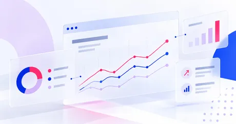 Abstract digital charts featuring line graphs, bar graphs, and a pie chart with blue, red, and purple colors, set against a light background.